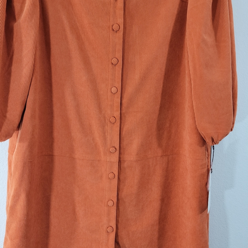 7 FOR ALL MANKIND rust colored corduroy puff sleeve button front jacket dress - Picture 3 of 11